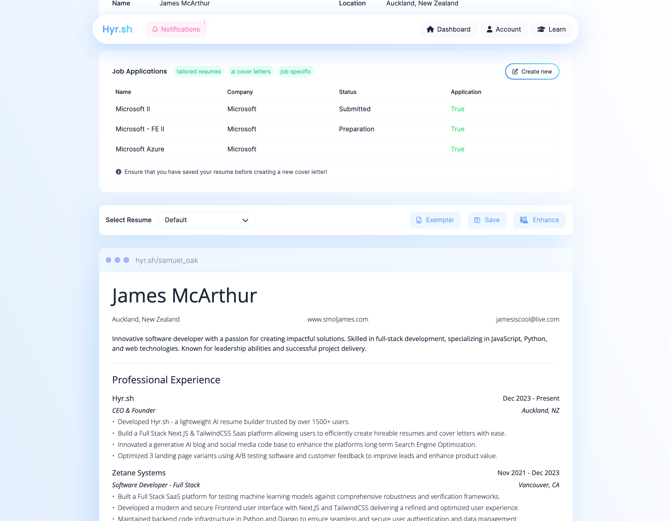 Hyr.sh The Lightweight AI Resume Builder